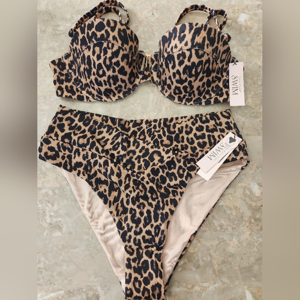 34B/S VS Swim Underwire Balconette Bikini Top High Waist Bikini Set Leopard